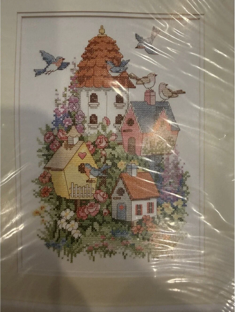 Sunset Stamped Cross Stitch Garden Bird Houses New Sealed